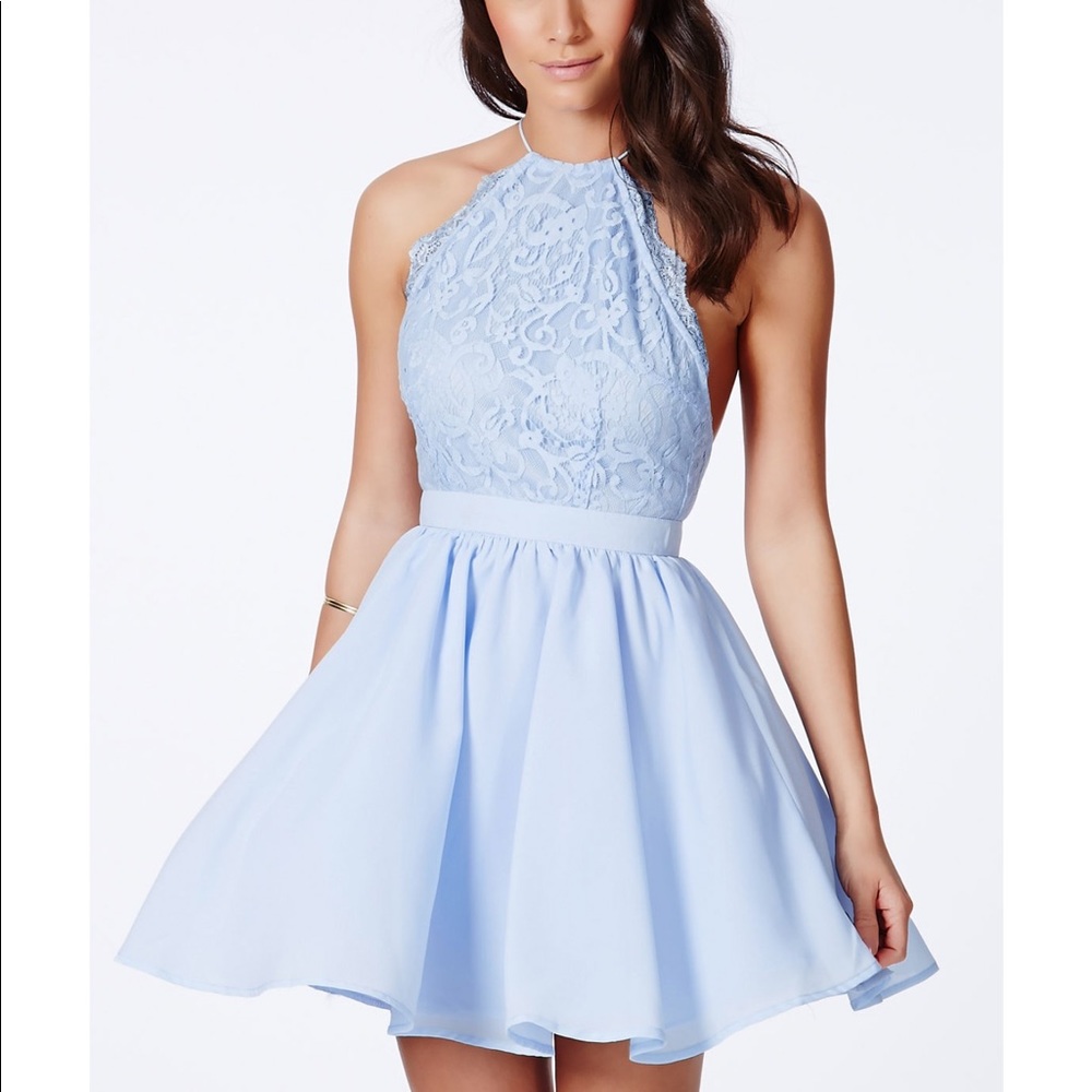 desaree blue cross back lace detail puffball mini dress